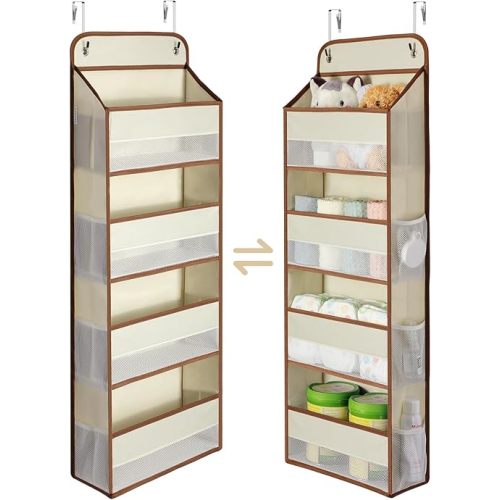 Yecaye 1 Pack Over the Door Storage Organizer, 35.2lbs Load Closet Door Organizer Hanging, No Sagging Bathroom Organizer with 4 Bins 6 Side Pockets, Door Storage for Nursery Baby Essentials, Beige