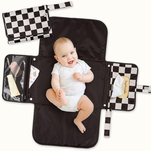 Tiny Twinkle Portable Diaper Changing Pad | Waterproof, Wipeable & Compact Baby Changing Pad for Travel | Smart Wipes Pocket & Organized Storage| Newborn Shower Gift (Black Checkers)