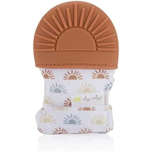 Itzy Ritzy Silicone Teething Mitt – Soothing Infant Teething Mitten with Adjustable Strap, Crinkle Sound and Textured Silicone to Soothe Sore and Swollen Gums, Terracotta Sun (MITT8491)