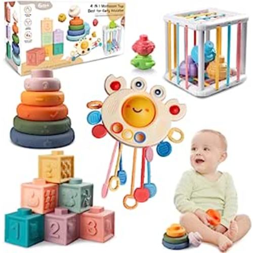 Montessori Baby Toys for Ages 6-18 Months - Pull String Teether, Stacking Blocks, Sensory Shapes & Colorful Storage Bin, Infant Bath Time Fun, 4 in 1 Toddlers Toy Gifts for 1 2 3 Year Old Boys Girls : Toys & Games