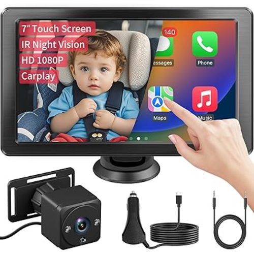 7" HD Touchscreen Baby Car Camera - Car Baby Monitor with Apple CarPlay, 1080p Ultra Night Vision, Invisible Infrared Lights, 150° Wide Angle, Easy Installation, Fits Most Cars