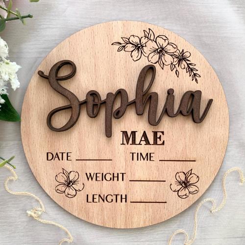 Floral Baby Announcement Sign, Custom Baby Name Sign with Flowers, 3D Wood Baby Sign - Birth Announcements, Sign for Hospital - Newborn Gift