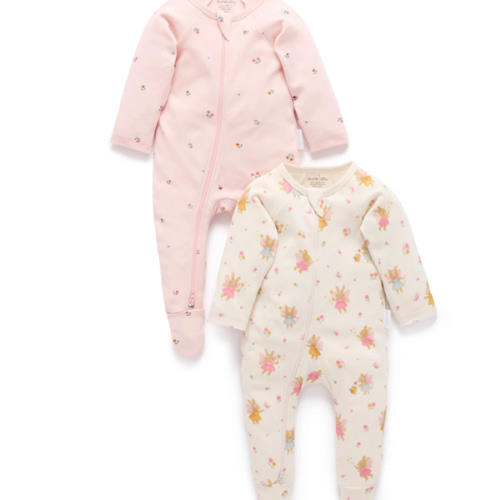 Pink Little Fairies 2 Pack Zip Growsuit - Purebaby