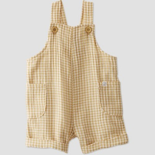 little Planet By Carter's Baby Ochre Gingham Gauze Shortalls Bodysuit - Yellow, Size: 3M