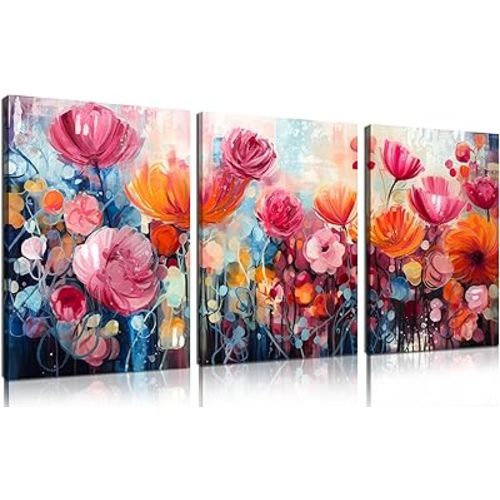 CANEITO Flower Wall Art for Living Room, Pink Floral Wall-Decor for Bedroom, Modern Canvas Print, Size 12x16 Inches 3-Piece