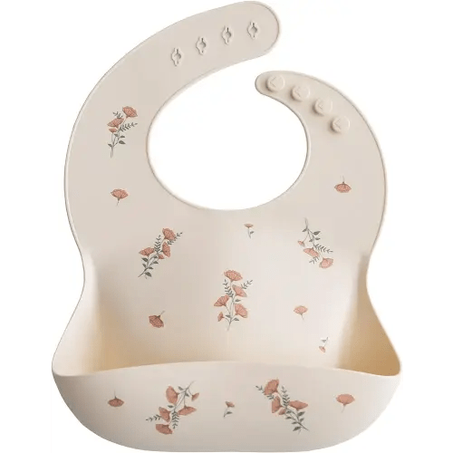 mushie Silicone Baby Bib | Adjustable Fit Waterproof Bibs (Pink Flowers)