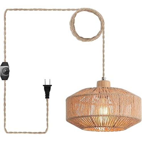 Coastal Woven Plug in Pendant Light with 14ft Handmade Hemp Rope Light Cord, Dimmable Switch, Natural Basket Hanging Lamp for Bedroom Kitchen Island Decor Farmhouse Living Room