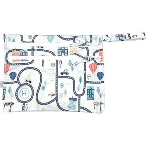 BapronBaby Tiny Town Wet Dry Bag - Waterproof Two Zipper Pockets - Reusable for Mealtime, Diapers, Stroller, Snacks, Swimsuits - Machine Washable - 11" x 9"