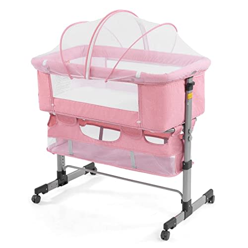 nordmiex 3 in 1 Travel Baby Crib,Baby Bed with Breathable Net,Adjustable Portable Bed for Infant/Baby with Detachable Mosquito net and Mattress,Pink