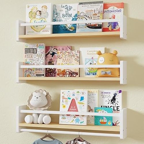 Nursery Book Shelves, 23.6 Inch Floating Book Shelves for Wall Set of 3, Toddler Bookshelf for Kids Rooms, Solid Wood Hanging Shelves for Boy Girl Nursery Decor, Toy Storage
