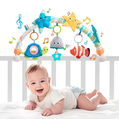 Jollybaby Musical Bassinet Stroller Crib Mobile Toy for Baby 0-6-12 Months, Infant Clip On Arch Hanging Toy with Music, Montessori Sensory Nursery Mobiles Attachment Toy for Newborn Gift - Starfish