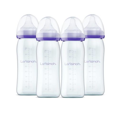 Lansinoh Anti-Colic Glass Baby Bottles for Breastfeeding Babies, 8 Ounces, 4 Count Bottles for Feeding, Baby Essentials, Includes 4 Medium Flow Nipples, Size M
