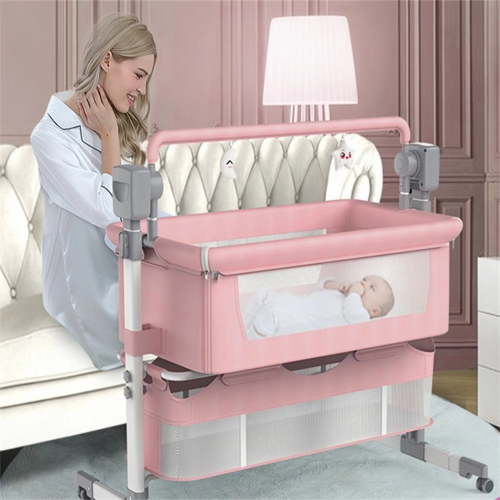 Newborn Cribs with Bluetooth Music Infant Bedside Bed Electric Rocking Baby Bed, Pink