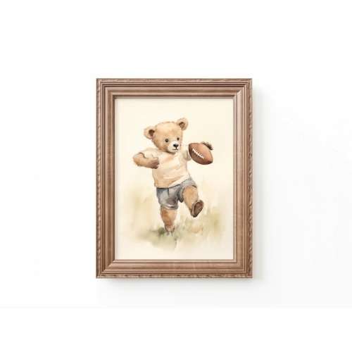 Teddy Bear Playing Football Art Print Nursery Football Decor Nursery Sports Art Football Nursery Bear Art Kids Room Art by Bespoke Littles