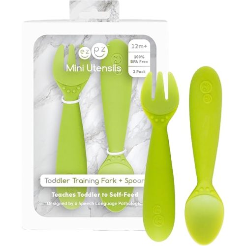 ezpz Mini Utensils - 12 Months+ (Fork & Spoon in Lime) - 100% BPA Free Fork and Spoon - Toddler Utensils - Designed by a Pediatric Feeding Specialist