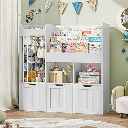 Halitaa Kids Bookshelf with 3-Tier Book Rack, Multi-Functional Storage Cabinet Bookcase with 3 Movable Drawers, Wooden Toy Organizer with Stuffed Animal Storage for Kids Room, Nursery, White