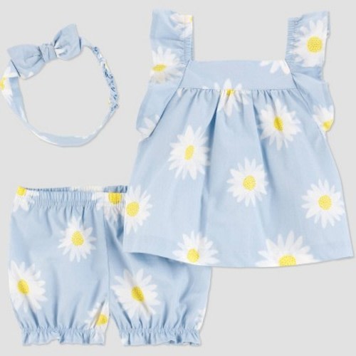 Carter's Just One You®️ Baby Girls' Floral 3pc Top & Bottom Set with Headband - Yellow/White 9M: Cotton Poplin, Sleeveless Tunic