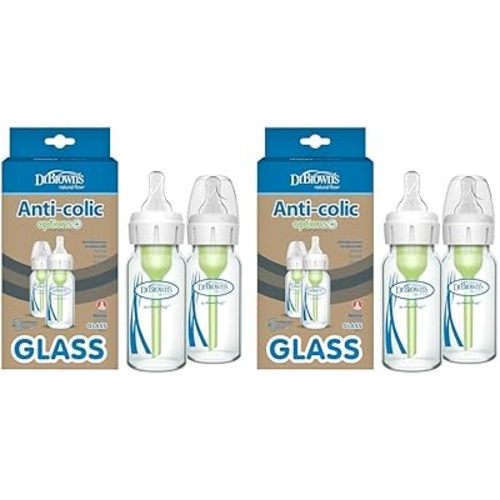 Dr. Brown's Natural Flow Anti-Colic Options+ Narrow Glass Baby Bottle 4 oz/120 mL, with Level 1 Slow Flow Nipple, 4 Pack, 0m+
