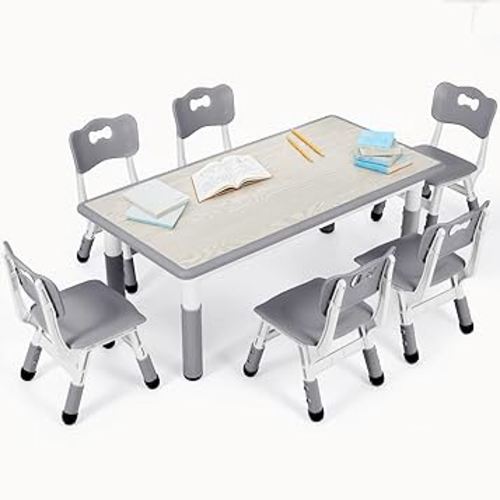 Amazon.com: Arlopu Kids Table and 6 Chairs Set, Height Adjustable Graffiti Desk, Preschool Activity Art Craft Table, for Daycare Classroom Home Boys and Girls Age 3-12 (Gray) : Home & Kitchen