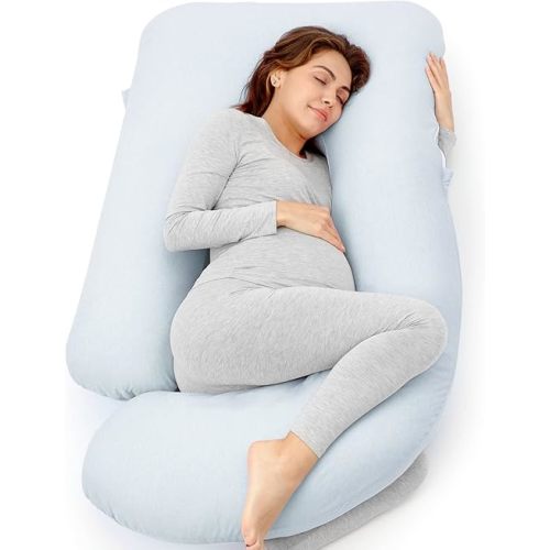 Momcozy Pregnancy Pillows for Sleeping, U Shaped Full Body Pillow 57 Inch for Pregnant Women with Back, Hip, Leg, Belly Support, Washable Jersey Cotton Cover Included, Light Blue