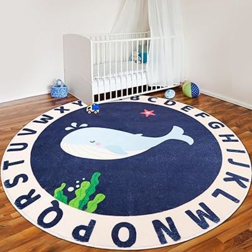 Round Kids Rug, 5.2ft ABC Whale Play Mat, Non-Slip Washable Education Area Kids Carpet for Nursery, Bedroom Playroom Decor