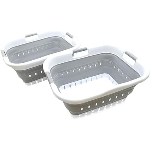 SAMMART 41L (10.8 gallon) Set of 2 Collapsible 3 Handled Plastic Laundry Basket-Foldable Pop Up Storage Container/Organizer-Space Saving Hamper/Basket (2, White/Grey)