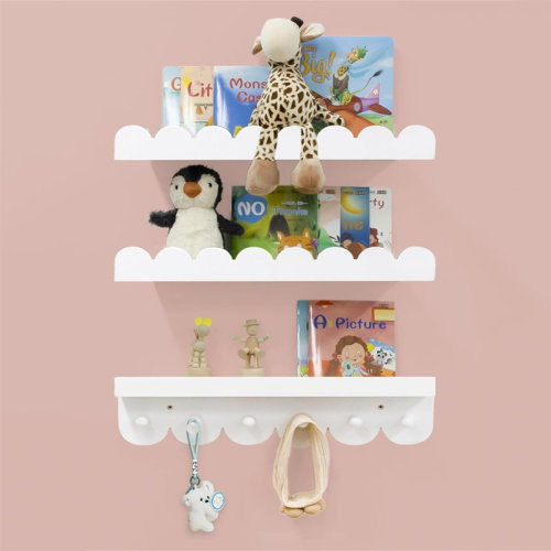 Harriet Bee Wall-Mounted Nursery Bookshelves with Hooks – Set of 3 Kids Bedroom Storage Rack & 16-Inch Bookcase for Room Decor | Wayfair