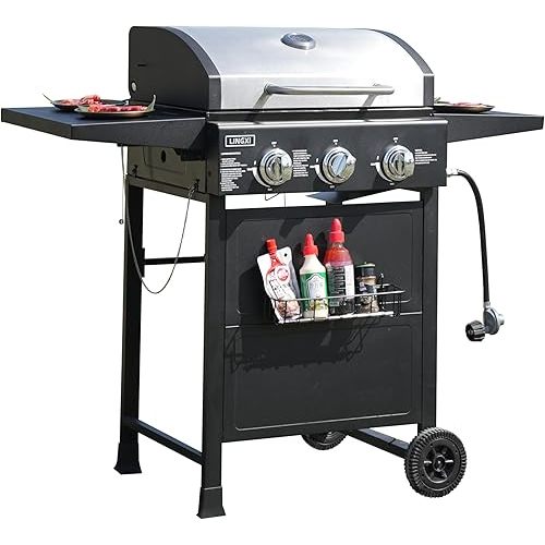 grill gas 3-Burner Propane Grill, Gas Grill with front hanging basket, 30000 BTU barbecue grill, Grills outdoor cooking. Suitable for Backyard, Outdoor, Patio, Garden.Outside grill.