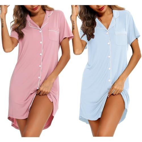 Samring 2 Pack Nightgowns for Women Short Sleeve Sleepwear Button Down Nightshirts Sleep Shirts Boyfriend Pajama Dress