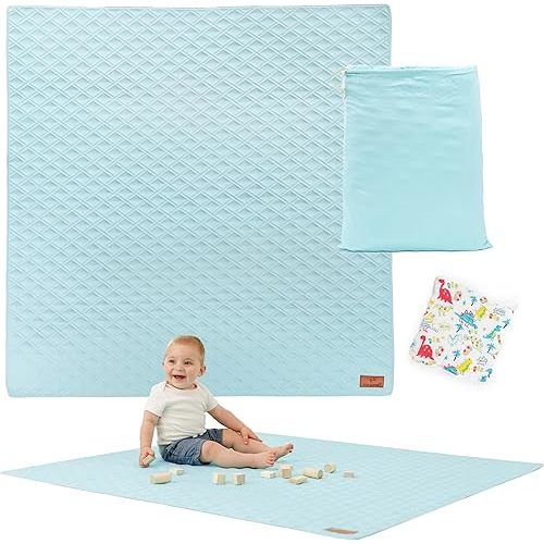Baby Play Mat GOTS Certified Thick Padded Play Mat 50x50 Cotton Organic Play Mat Baby with Burp Cloth Playpen Mat Washable Tummy Time Mat for Babies Newborns Non-Slip Foldable Playmat With Storage Bag