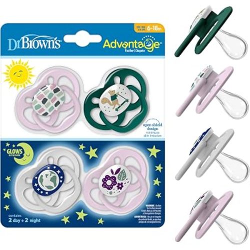 Dr. Brown's Advantage Glow-in-the-Dark Baby Pacifier, Fully Symmetrical Soother with Soft Silicone Bulb, Scooter Squirrel-Purple Nature, 6-18m, BPA Free, 4 Pack