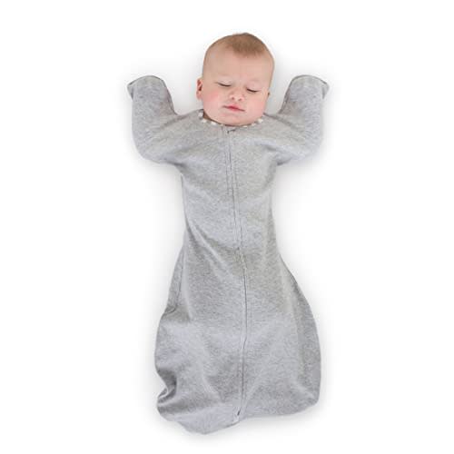 SwaddleDesigns Transitional Swaddle Sack with Arms Up Half-Length Sleeves and Mitten Cuffs, Large, 6-9 Months, 21-24 lbs, Heathered Gray, Striped Trim (Arms Up Swaddle, Transition Swaddle Sleep Sack)