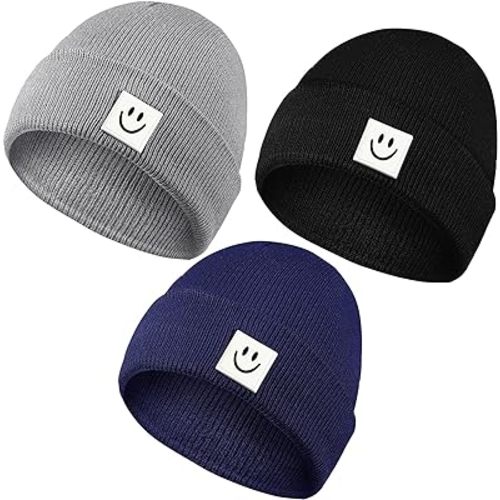 3 Pcs Baby Smile Face Beanie Cap Beanie Knit Hats for Toddler Kids Beanie Caps Smile Face Embroidered Soft Winter Hats