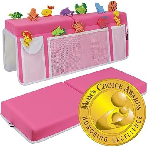 Supa Ant Baby Bath Kneeler and Elbow Rest Pad Set - The Bathtub Kneeler and Elbow Rest Set with Built-in 5 Pockets Organizer (8-Suction Cup) Bath Kneeling Pad for Bathing Baby - Pink