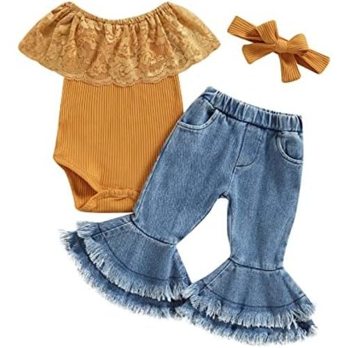 Infant Baby Girls Long Sleeve Lace Solid Romper Flare Denim Jeans Pants Headband Newborn Cute 3Pcs Fall Outfits