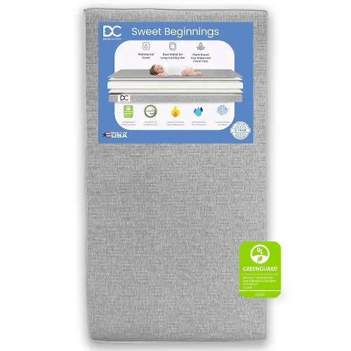 Delta Children Sweet Beginnings Dual Sided Crib and Toddler Mattress in a Box - GREENGUARD Gold and CertiPUR-US Certified - Plant-Based Soy Foam Core - Waterproof - 5 Year Warranty - Made in USA