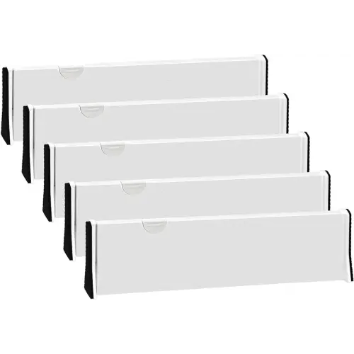JONYJ Drawer Dividers Organizer 5 Pack, Adjustable Separators 4" High Expandable from 14.9-21" for Bedroom, Bathroom, Closet,Clothing, Office, Kitchen Storage, Strong Secure Hold, Foam Ends（White）