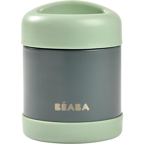 Beaba Stainless Steel Insulated Food Jar 10 oz, Kids Thermos, Lunch Containers, Leakproof, Wide Opening, Suitable for Hot and Cold Foods (Sage)