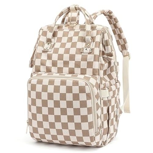 Baby Diaper Bag Backpack for Mom, Large Capacity Travel Nappy Bag for Boys & Girls with Stroller Straps (Corduroy Checkered Brown)