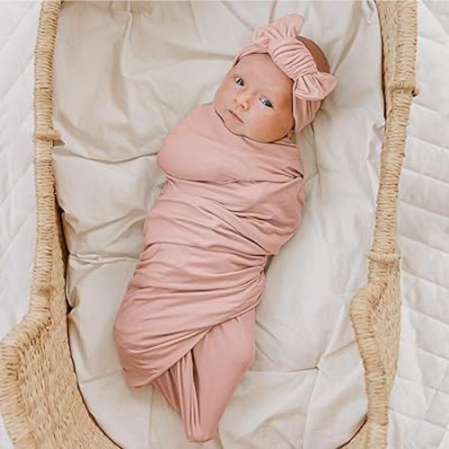 Konssy Baby Girl Newborn Receiving Blanket with Headband Set Baby Swaddle Nursery Swaddle Wrap