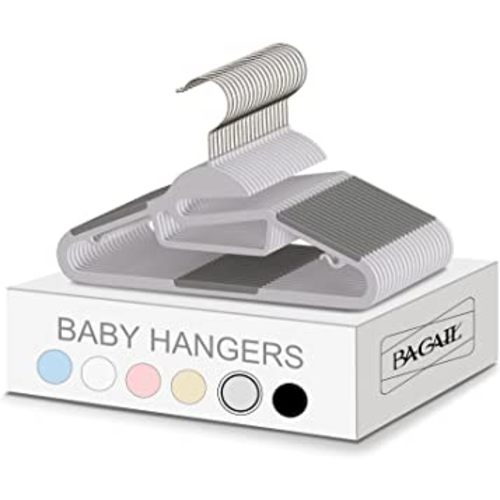 BAGAIL 12.6” Kids Plastic Hangers S-Slide 50 Pack Non-Slip Hangers 360° Swivel Hook Protect Collar Space Saving for Children Infant/Toddler Pants Coat-Grey