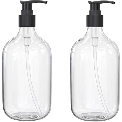 10 Ounce Clear Plastic Pump Bottle Dispenser, Refillable Empty Bottle Container with Pump for Essential Oil Soap Lotion Shampoo, 2 Pcs