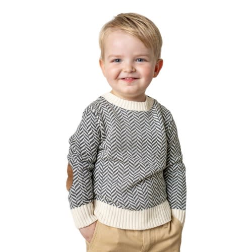 Baby Boys' Organic Intarsia Crew Neck Sweater with Elbow Patches, Infant, 6-12M