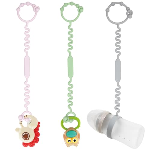Toy Straps for Stroller, Pacifier Holder Clip with Self-Adjusting Bayonet, Pure Silicone Material Without BPA; Can Be Used for Teethers, Feeding Bottles, Toys, Baby Cribs, High Chairs(Pink-3ps)