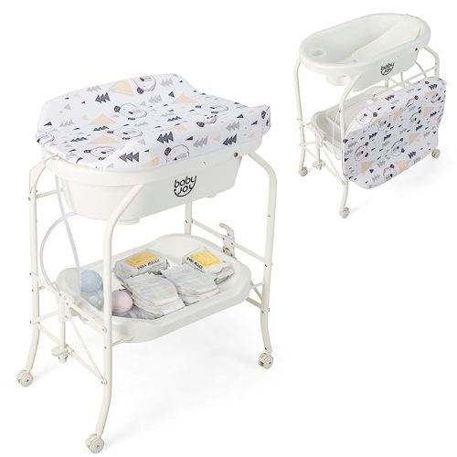 BABY JOY Baby Bathtub with Changing Table, Foldable Infant Diaper Changing Station with Storage Tray, Waterproof Pad, Portable Newborn Nursery Organizer Bath Stand with 4 Universal Wheels (White)