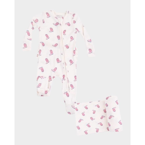 Girl's Petite Cowgirl Boots 2-Way Zip Footie Romper & Blanket Set, Size Newborn-9M