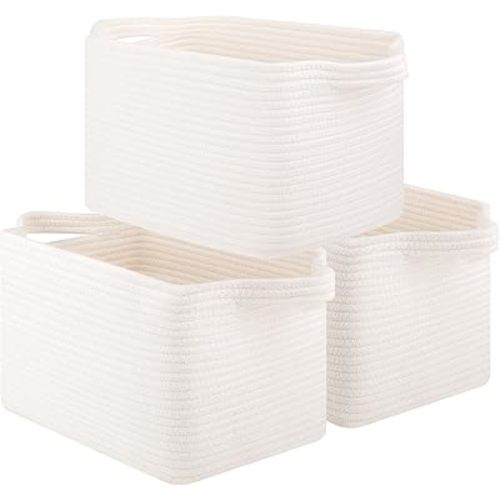 Storage Baskets for Organizing, Decorative Woven Baskets for Shelves, Cotton Rope Storage Cube Bins for Toys, Books, and Towels-13''Lx10''Wx8.6''H-3 Packs, White