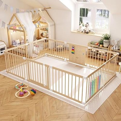Extra Large Wooden Baby Playpen (8/10 Panel) Shape & Size Adjustable Playpen for Babies and Toddlers, Baby Fence Baby Play Yard with Door, Baby Gate Play Pen for Kids Activity Center 94”×63”