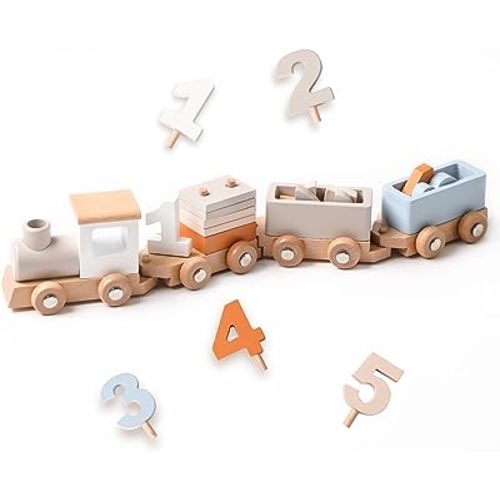 Wooden Train Set for Toddler Toys 14pcs Montessori Train Toy Set for Baby 3-5 Years Wooden Train Cars with 1 2 3 4 5 Numbers & Blocks Birthday Gift for Boys Girls
