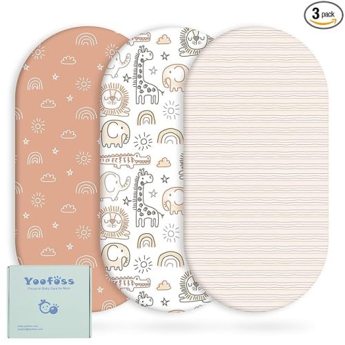 Yoofoss Bassinet Sheets for Baby,3-Pack Fitted Bassinet Sheets Set Compatible with Halo Bassinest Swivel Sleeper,Baby Delight,Angelbliss,Soft Breathable Bassinet Mattress Sheets (Brown+Animals)